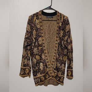 Like New Peruvian Connection Black & Gold Paisley Mandala Knit Cardigan